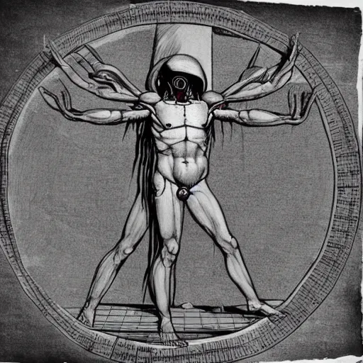 Prompt: a diagram of a xenomorph in the style of leonardo da vinci's vitruvian man