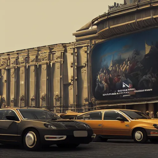 Image similar to sci-fi cars : wall near structure on : the coronation of napoleon painting : and digital billboard in the middle, unreal engine 5, keyshot, octane, artstation trending, ultra high detail, ultra realistic, cinematic, 8k, 16k, in style of zaha hadid, in plastic, dark, tilt shift,