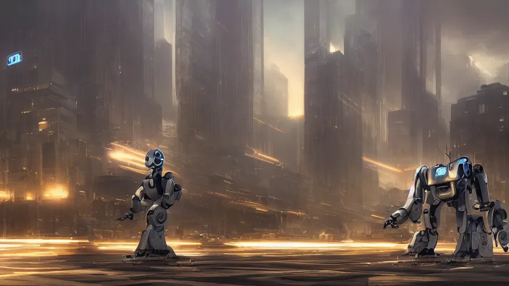 Image similar to Amazing photorealistic digital concept art of a guardian robot in a futurstic city, by James Clyne and Joseph Cross. Cinematic. LED lighting. A bright billowing explosion in the distance. Wide angle. Clean lines. Balanced composition.