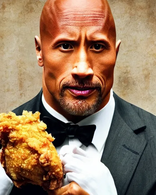 Image similar to dwayne johnson as colonel sanders eating fried chicken