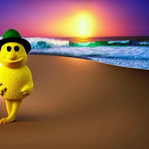 Prompt: 3 d render, of anthropomorphic lemon character, he is wearing a hat, building a sandcastle on the beach at sunset, beach, huge waves, sun, clouds, long violet and green trees, rim light, cinematic photography, professional, sand, sandcastle, volumetric lightening