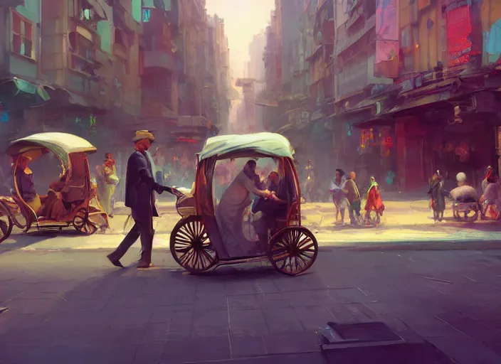 Prompt: an oligarch riding rickshaw-wagon being pulled by crowd of tired poor people in a Mandelbrot fractal modern city by Craig Mullins, ilya kuvshinov, krenz cushart, artgerm trending on artstation by Edward Hopper and Dan Mumford and WLOP and Rutkovsky, Unreal Engine 5, Lumen, Nanite