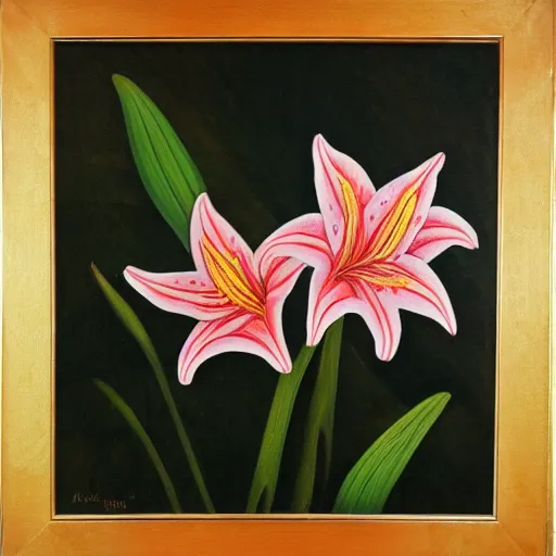 Image similar to a painting of lilies in the style of judy woodborn, copperplate etching
