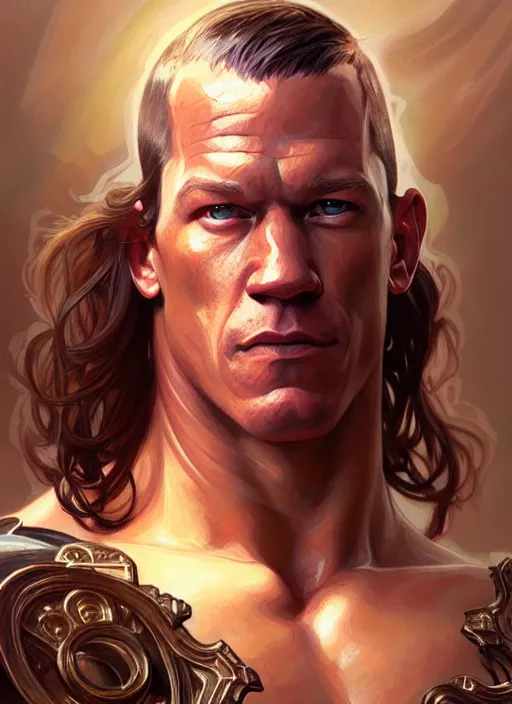 Prompt: Portrait of John Cena, D&D, muscular, fantasy, intricate, elegant, highly detailed, digital painting, artstation, concept art, smooth, sharp focus, illustration, art by artgerm and greg rutkowski and alphonse mucha