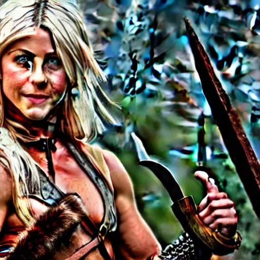 Image similar to julianne hough as a barbarian warrior, battle scene