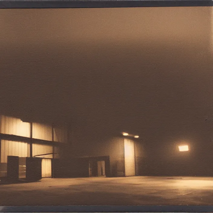 Image similar to liminal polaroid of a warehouse at night, art by wayne barlow, deep depth of field. highly detailed, hyper realism, hd, 4 k