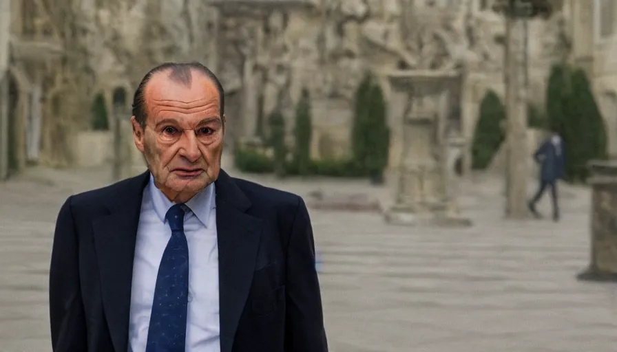 Image similar to hyper-realistic and anamorphic 2010s movie still of Jacques Chirac, by Paolo Sorrentino, Leica SL2 30mm, beautiful color, high quality, high textured, lens flare