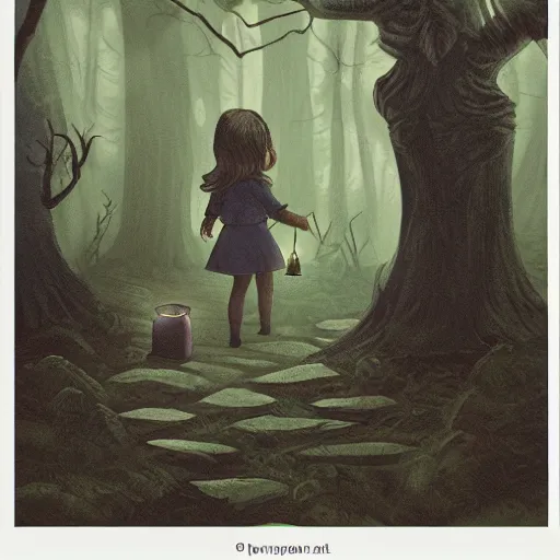 Prompt: in a dark forest, a small girl with a lantern finds a path leading to a strange castle.