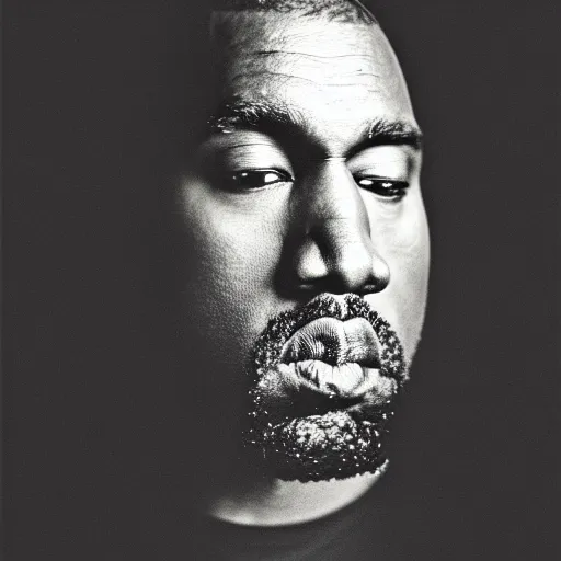 Prompt: a split lighting portrait of kanye west dressed as rick owens, black background, portrait by julia margaret cameron, shallow depth of field, 8 0 mm, f 1. 8