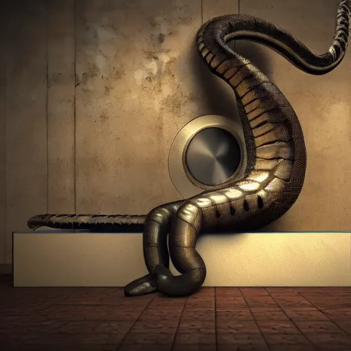 Prompt: cyborg sitting Infront of snake who's getting into gramophone, high quality image, 3Drender, long shot denoise
