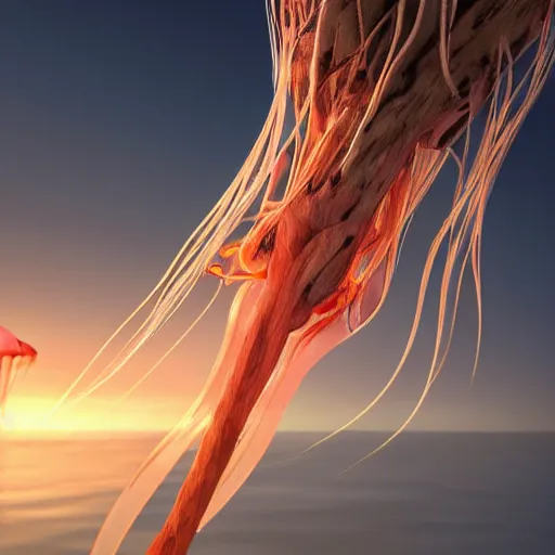 Prompt: a group of jellyfish growing form tree branch in sunset ,C4d,8k,futuristic digital art,details