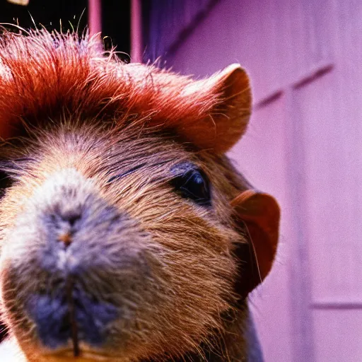 Image similar to 3 5 mm film photo of capybara smoking a cigarette wearing a purple wig