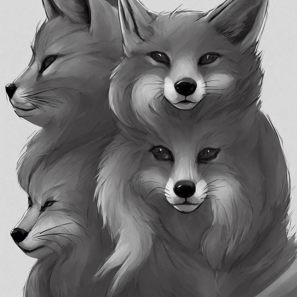 Image similar to a portrait of an anthropomorphic fox wearing a hoodie, symmetrical facial features, symmetrical proportions, league of legends, concept art, illustration, artstation, black and white