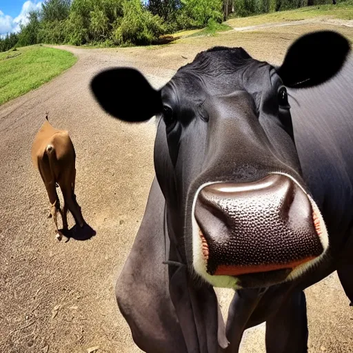 Prompt: selfie stick photo of a cow and it's hippopotamus best friend