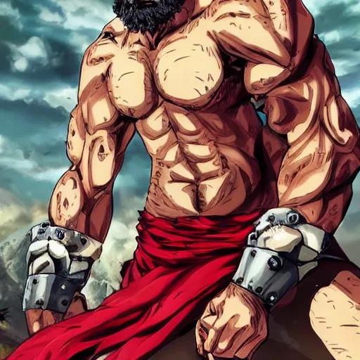 Prompt: Bearded handsome-spartan man Gerard-butler wearing red-cape, bodybuilder posing, portrait, JoJo cover art, JoJo anime style, David Production, style of Vento Aureo cover art, style of Stone Ocean cover art, style of Steel Ball Run cover art, style of JoJolion cover art, Ilya Kuvshinov style, Alexandra Fomina ArtStation, illustrated by Hirohiko Araki