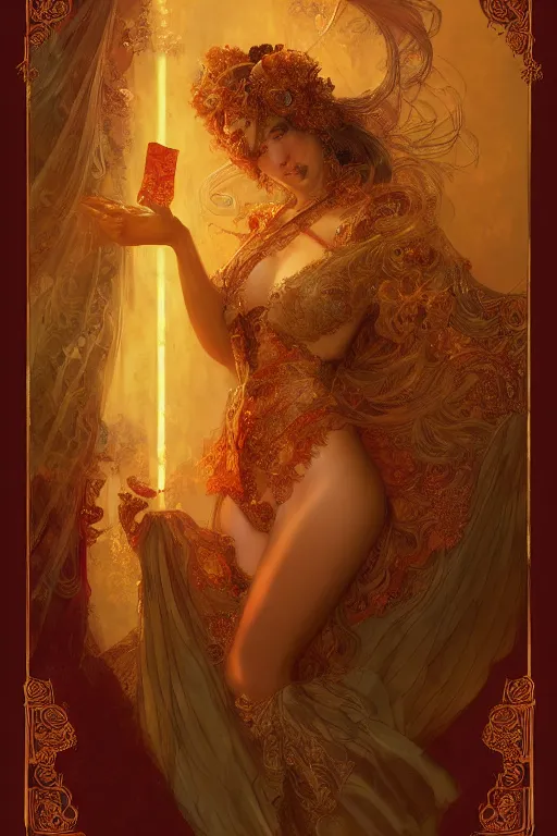 Prompt: tarot card artstation, portrait of a ravishing love dancer, sunrise, baroque ornament and rococo ornament, ancient chinese ornate, hyperdetailed, beautiful lighting, craig mullins, mucha, klimt, yoshitaka amano, depth, red and gold and orange color palette