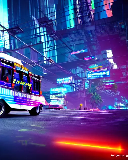 Image similar to philippine jeepney flying through cyberpunk manila city, cgi render, concept art, unreal engine