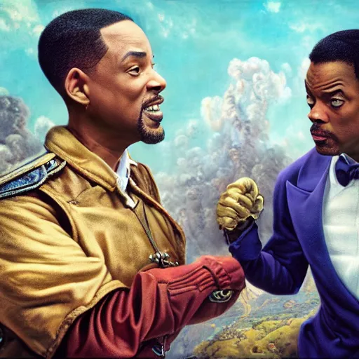 Image similar to Will smith slapping chris rock, Realistic, Regal, Refined, Detailed Digital Art, Michael Cheval, Walt Disney (1937), François Boucher, Oil Painting, Steampunk, Highly Detailed, Cinematic Lighting, Unreal Engine, 8k