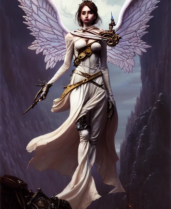 Image similar to beautiful fantasy character portrait, ana de armas, ultra realistic, wide angle, intricate details, the fifth element artifacts, highly detailed by peter mohrbacher, hajime sorayama, wayne barlowe, boris vallejo, paolo eleuteri serpieri, dishonored 2, white gown, angel wings