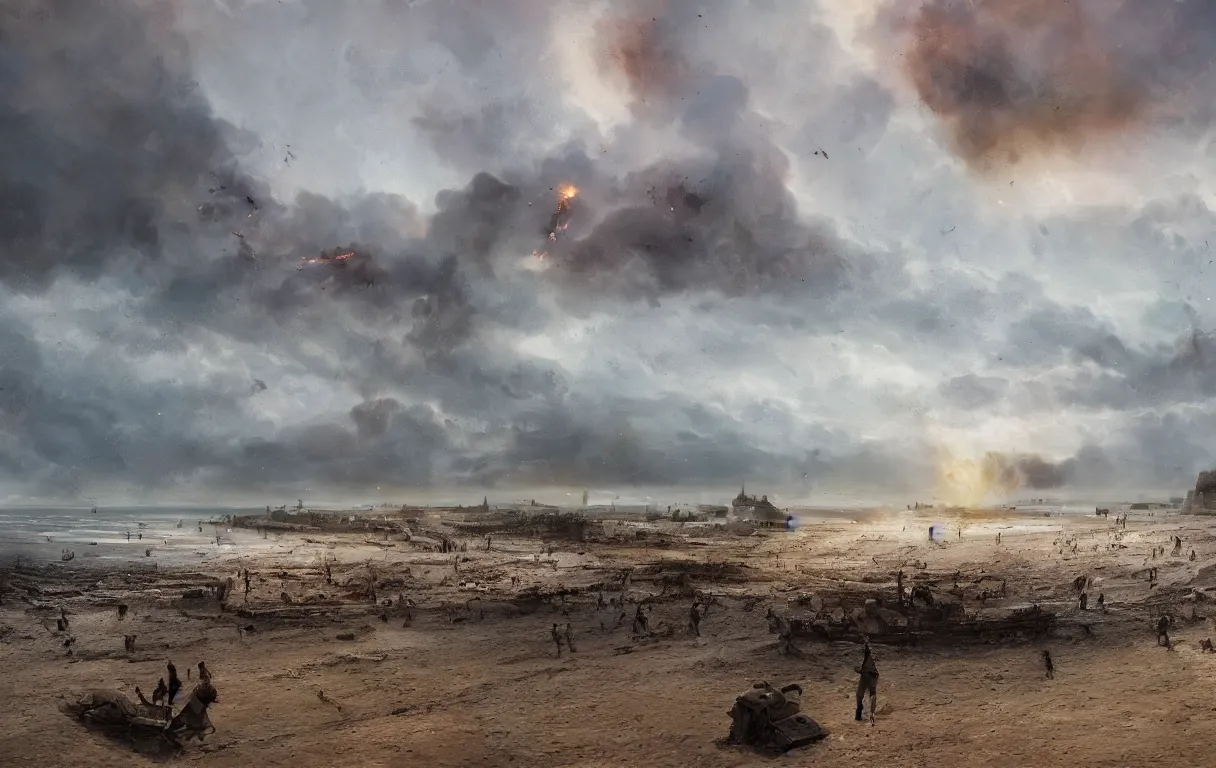 Image similar to A digital painting of Normandy's beach, 1945, by Ismail Inceoglu and Caspar David Friedrich, stunning, photorealistic, highly-detailed, bombs, fire, smoke, devastation, 4k, ue5, light effect, rtx on, realistic, cinematic, IMAX quality, trending on artstation