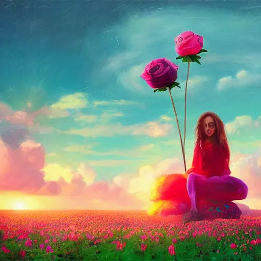 Image similar to giant rose flower as a head, full body girl sitting in a flower field, surreal photography, sunrise, dramatic light, impressionist painting, colorful clouds, digital painting, artstation, simon stalenhag