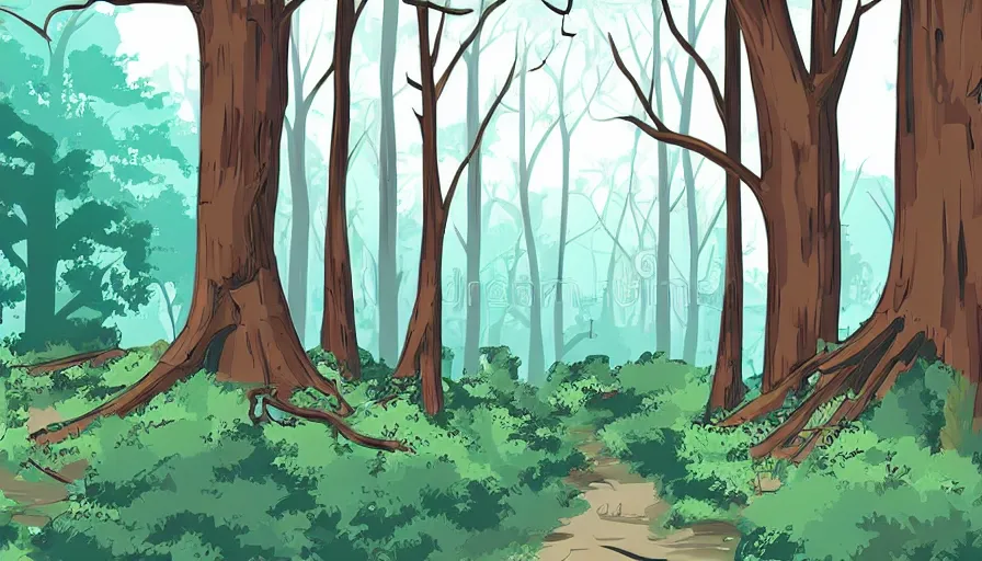 Image similar to forest with giant trees, ruins, colorful, vector illustration