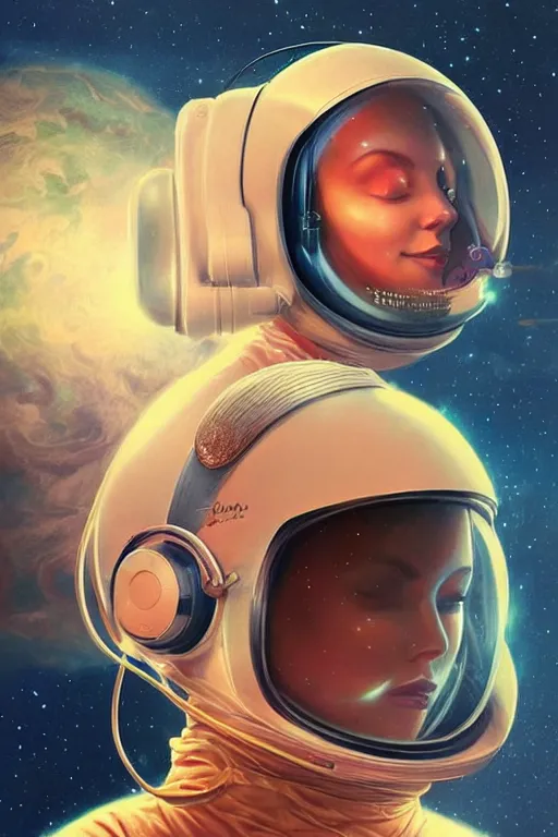 Prompt: a poster design of a portrait of a female blonde astronaut wearing headphones in space, universe, cyberpunk, warm color, Highly detailed labeled, poster, peter mohrbacher, featured on Artstation