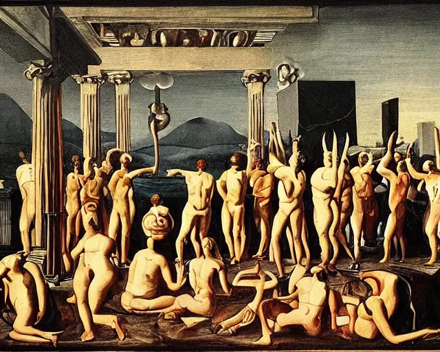 Image similar to a pagan ritual to summon the partying god by de chirico, giorgio