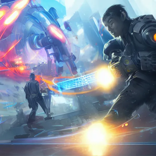 Image similar to neo fighting security. Epic keyframe. James gurney, rossdraws.