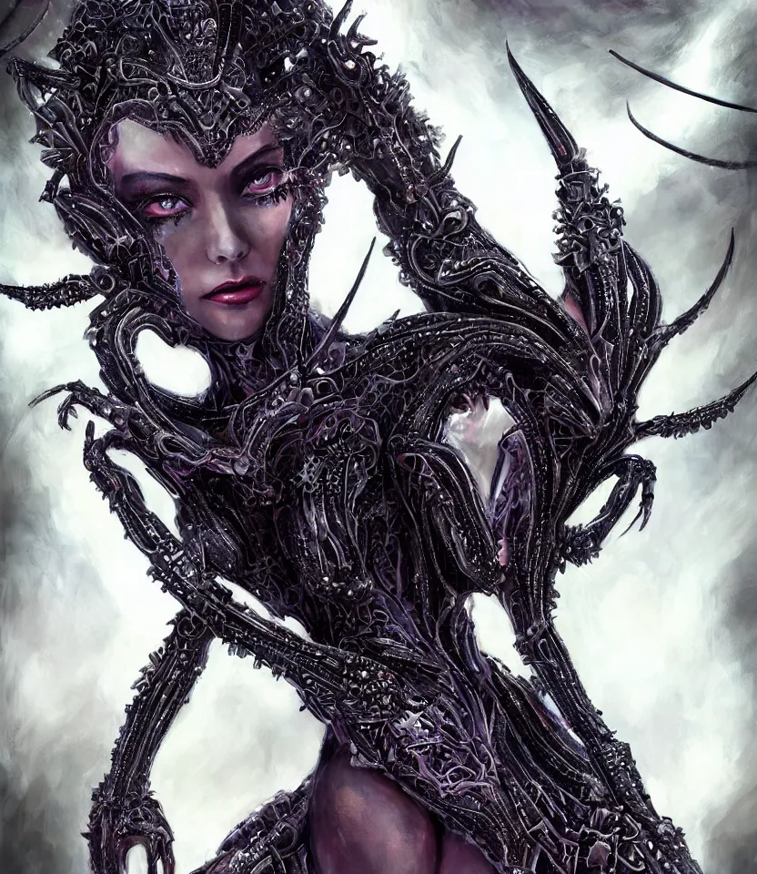 Image similar to close up portrait on the enchanting femenine queen of the zerg, hyper attractive, seductive, very complex, hyper-maximalist, overdetailed, legendary cinematic, darkfantasy, archetype with timeless beauty breathtaking eyes, her spider like legs spread evenly around her framing the image, collossal alien ship in the sky behind her, highly intricate, digital art, very elegant, HDR 8K, biblical art, realism, incomprehensible yet perspicious detail, unbeatable quality, silent hill aesthetic, photorealistic, lifelike, DSLR 8k, unbeatable coherency, Omnious intricate, octane render, created Nixeu & z--ed from deviantart