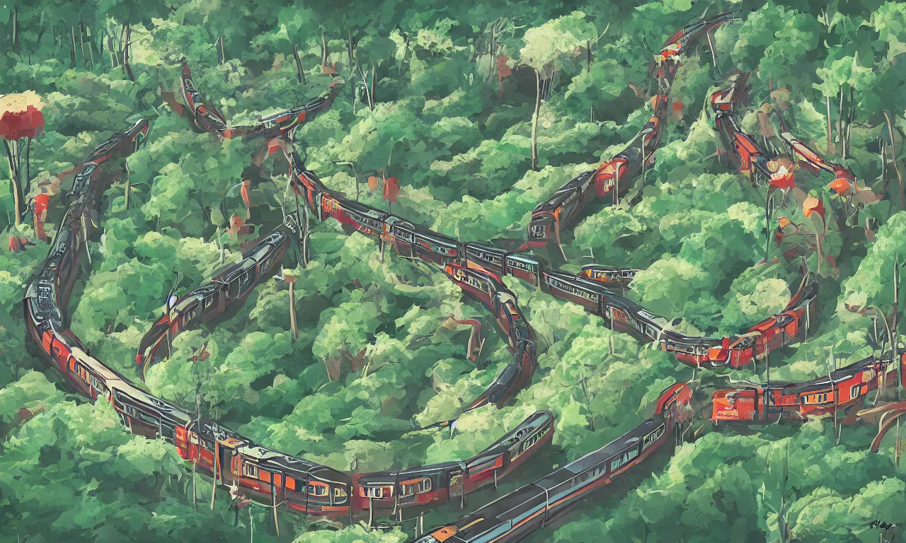 Prompt: fairy tale of a bullet train riding forested blobs, digital art, 3d, illustration