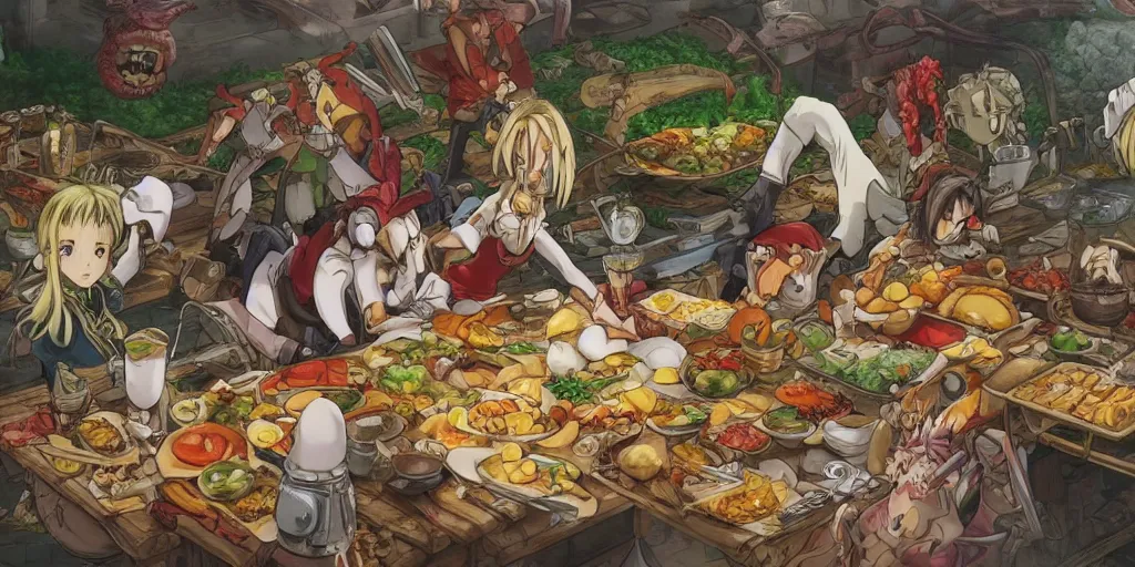 Prompt: A feast for The Moggles of FF6, very detailed, anime, Delicious, Plump, Juicy, Hot Food, large white border, hd, 8k, Unreal Engine 5, high resolution print :1 by Hayao Miyazaki, Nausicaa, studio Ghibli style, Anime wallpaper, cell shading, trending on deviant art :1