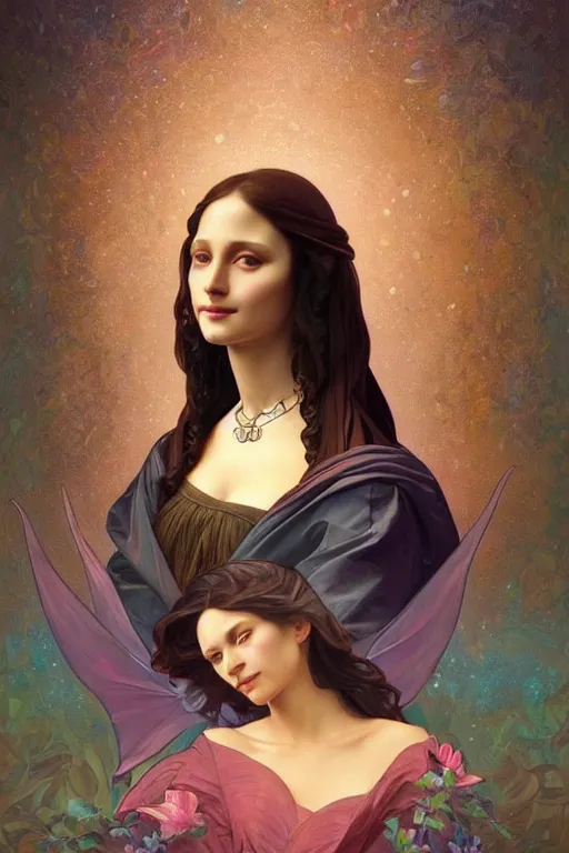 Image similar to beautiful portrait of a woman, not mona lisa pose, intricate, elegant, highly detailed, digital painting, artstation, concept art, smooth, sharp focus, illustration, art by lisa frank and jim lee character portrait artgerm and greg rutkowski and alphonse mucha