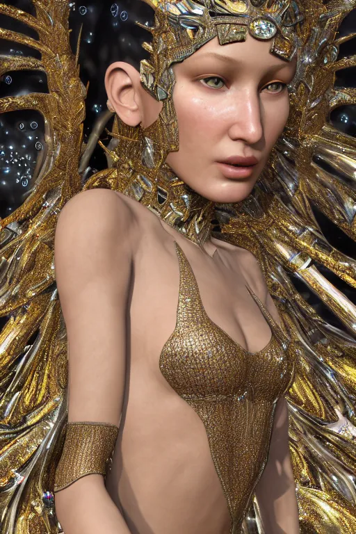 Prompt: a highly detailed metahuman 4 k close up render of an alien goddess bella hadid as andromeda in iris van herpen dress schiaparelli in diamonds crystals swarovski and jewelry in style of alphonse mucha gustav klimt trending on artstation made in unreal engine 4