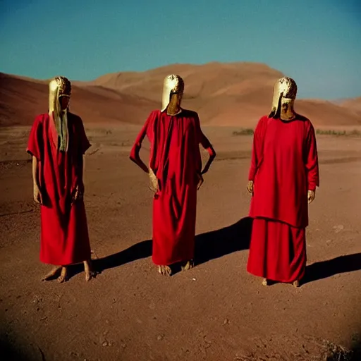 Prompt: a group of esoteric cult members in the desert, by Cinestill 800t trending on Flickr, wear red tunics and a golden mask and jewels