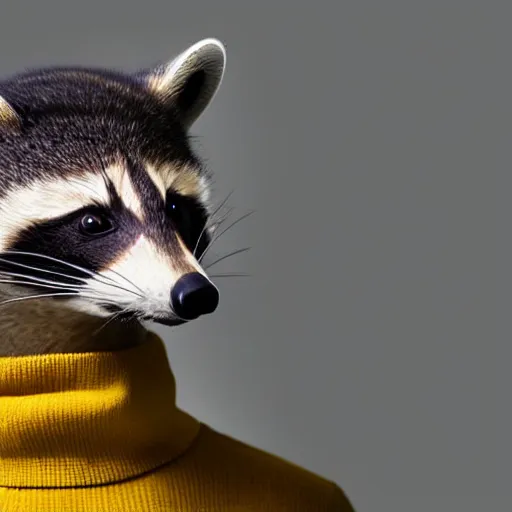 Image similar to happy racoon wearing a yellow turtleneck, studio, portrait, facing camera, studio, dark bg