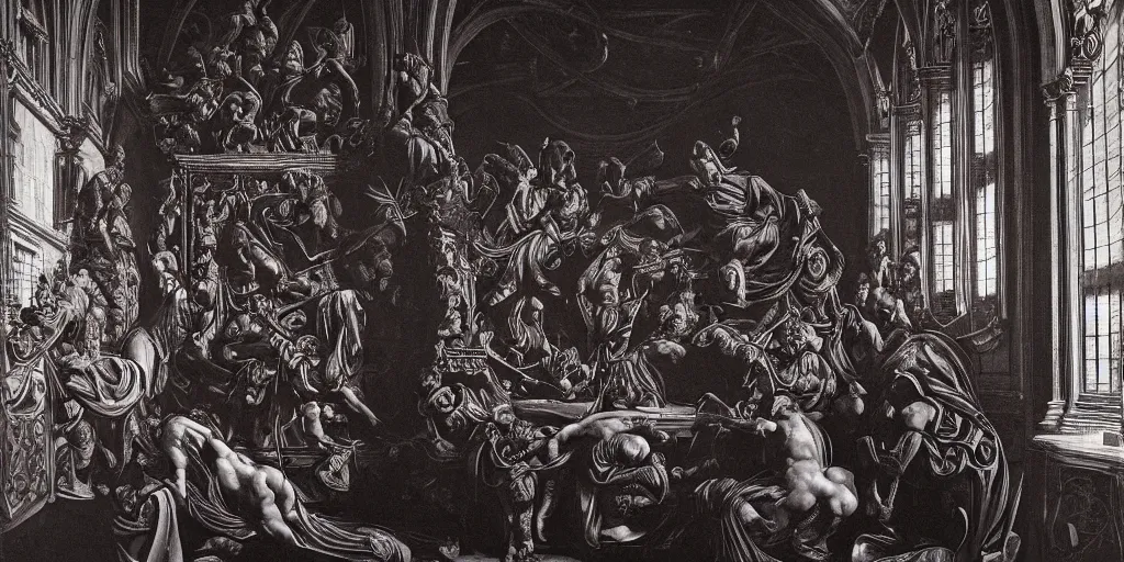 Image similar to wide angle view, pipe organ intricately carved from dark smoke, high detail baroque oil painting, alan lee, caravaggio, michelangelo