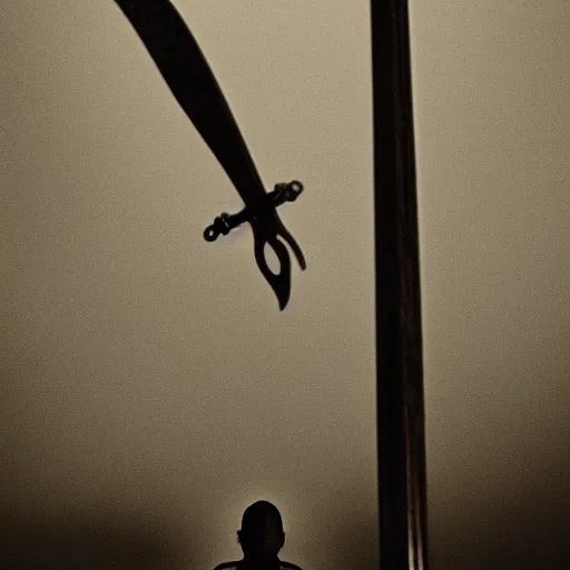 Prompt: a sword hanging over a man sitting in the dark cinematic 3 5 mm moody hdr