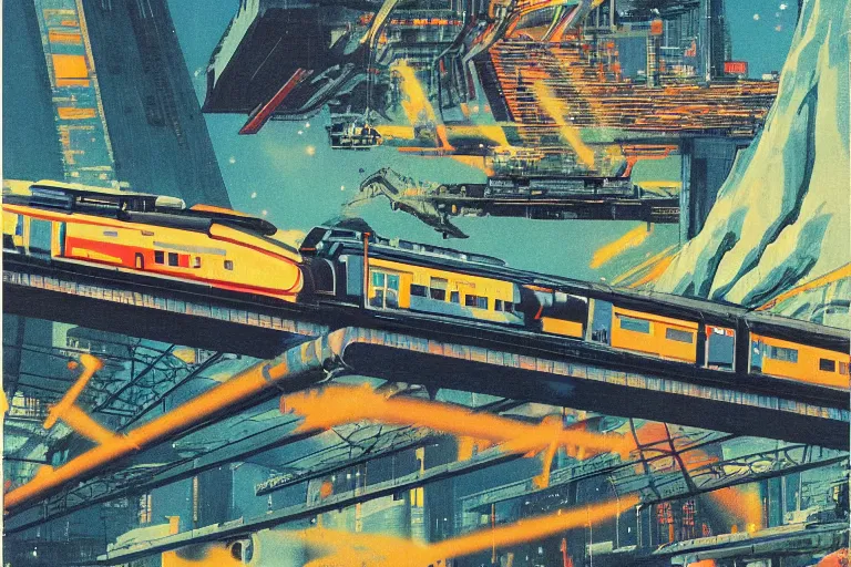 Image similar to 1 9 7 9 omni magazine cover of train bridge going above a park in iwakuni. cyberpunk style by vincent di fate
