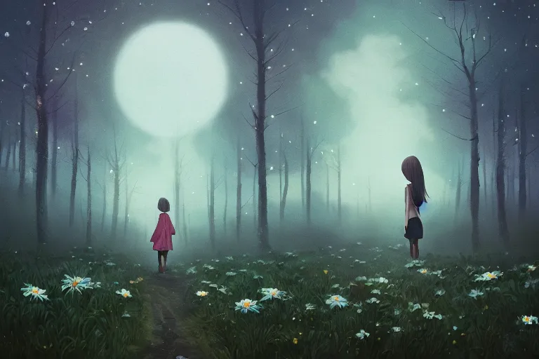 Image similar to giant bunch of daisy flowers head, girl walking in dark forest, surreal photography, dark night, stars, moon light, impressionist painting, clouds, digital painting, artstation, simon stalenhag