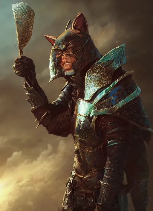 Image similar to An epic fantasy comic book style portrait painting of a cat knight, unreal 5, DAZ, hyperrealistic, octane render, cosplay, RPG portrait, dynamic lighting