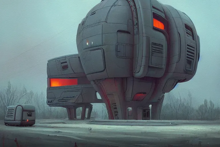 Prompt: beautiful painting of a futuristic house in the style of Simon Stålenhag and H. R. Giger, detailed, trending on Artstation