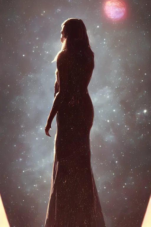 Image similar to a woman, wearing a dress made of stars, rim lighting, dramatic, planets in the background, smooth, sharp focus, very detailed, by greg rutkowski, artstation, tom badshaw, 8 k, symmetrical face