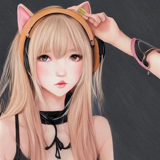 Image similar to realistic beautiful gorgeous natural cute Blackpink Lalisa Manoban blonde hair cute fur blonde cat ears, wearing camisole, wearing headphones, wearing black leather choker artwork drawn full HD 4K highest quality in artstyle by professional artists WLOP, Taejune Kim, Guweiz on Artstation Pixiv