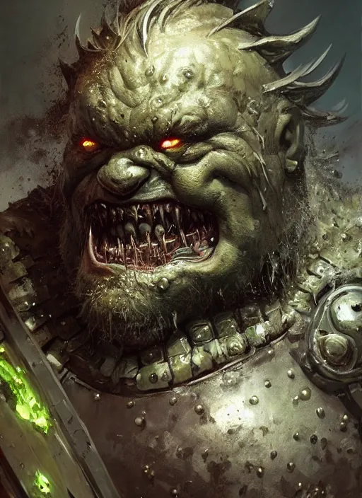 Prompt: Portrait of scruffy haired Nurgle Orc wearing metal armour around it's gelatinous body, realistic, detailed, 4k by Greg Rutkowski Mark Arian trending on artstation