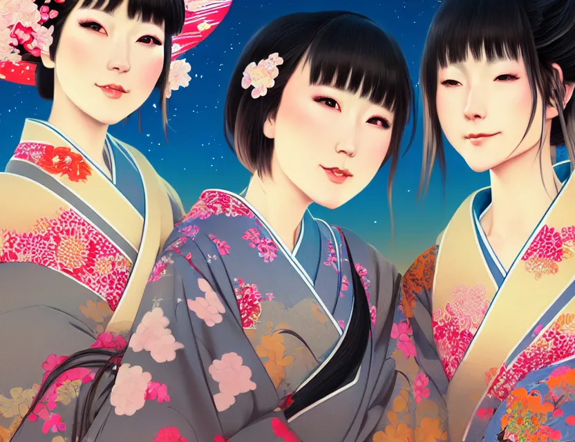 Image similar to two beautiful charming japan girls wear arty kimono in festival | | sunny night, full moon, dreamlike art, realistic shaded, smile, good looking, hyper details, 4 k realistic, cryengine, realistic shaded lighting poster by ilya kuvshinov, fuji choko, ross tran, 8 k resolution, trending on artstation, luxury