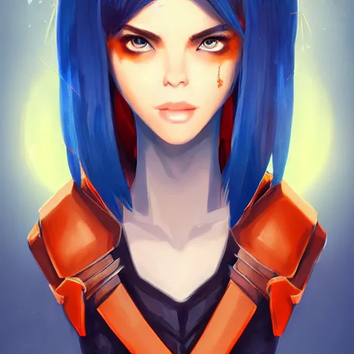 Prompt: illustrated realistic tilted head portrait human female prong-horned with blue bob hair and solid black-eyes wearing strap leather armor, orange glow, backlit by rossdraws