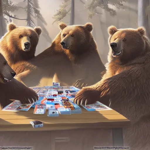 Image similar to brown bears playing magic the gathering, hyperrealism style