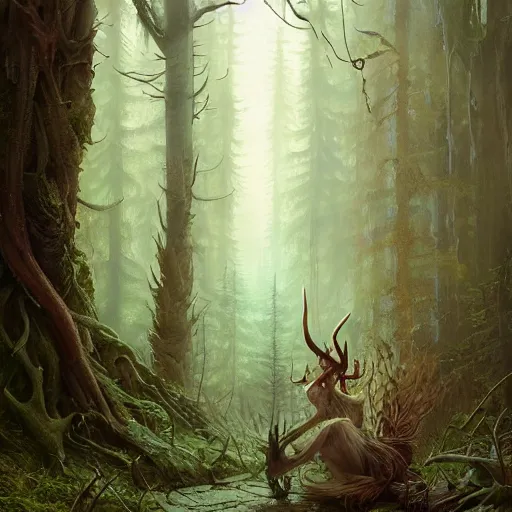 Image similar to highly detailed creepy forest creature with antlers, stephen bliss, unreal engine, fantasy art by greg rutkowski, loish, rhads, ferdinand knab, makoto shinkai and lois van baarle, ilya kuvshinov, rossdraws, tom bagshaw, global illumination, radiant light, detailed and intricate environment