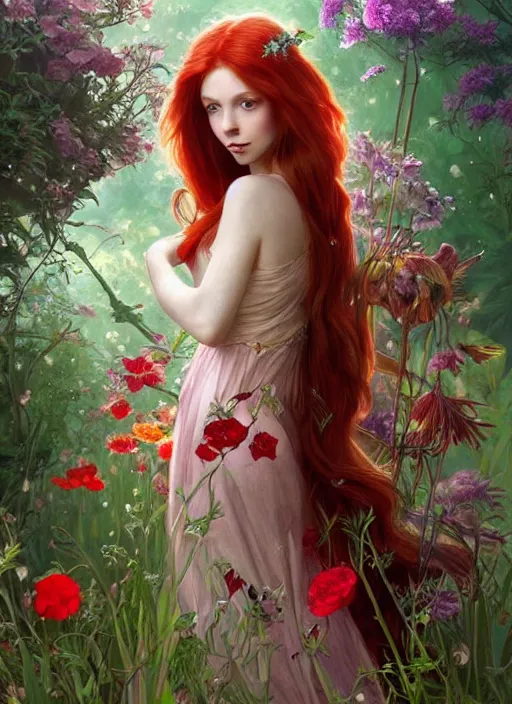 Prompt: a beautiful red haired woman as a fairy princess in a garden holding a bunch of wild flowers, deep focus, d & d, fantasy, intricate, elegant, highly detailed, digital painting, artstation, concept art, matte, sharp focus, illustration, hearthstone, art by artgerm and greg rutkowski and alphonse mucha